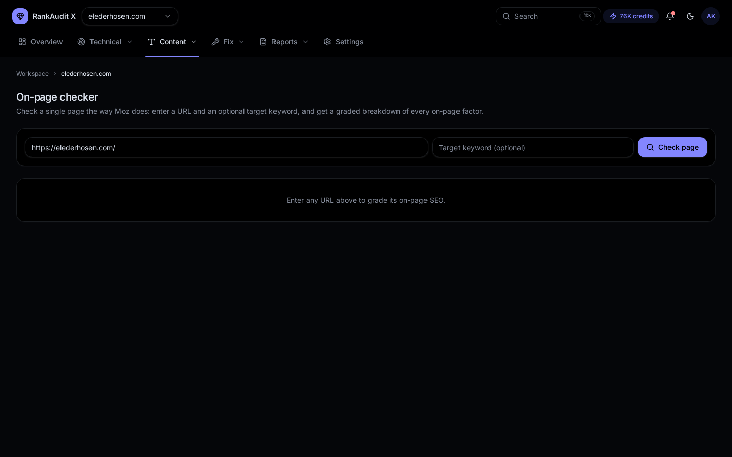 RankAudit on-page checker showing a Google SERP preview, heading tree and graded on-page SEO signals for a single URL