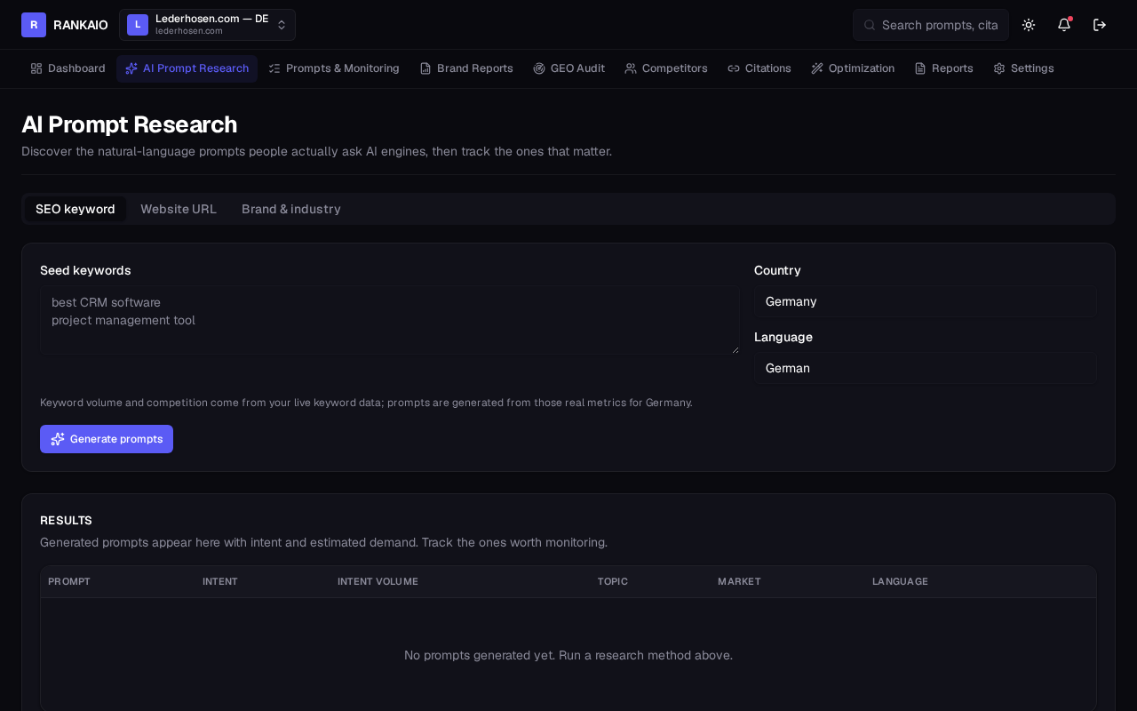 RankAIO AI prompt research expanding a topic into buyer prompts with intent labels and opportunity scores