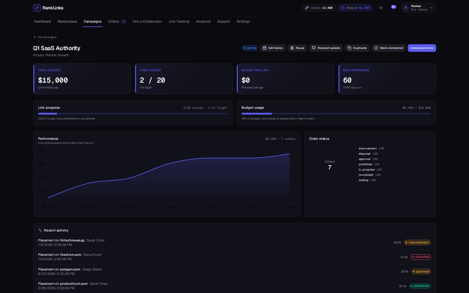 RankLinks campaign report with budget usage, performance chart and activity log