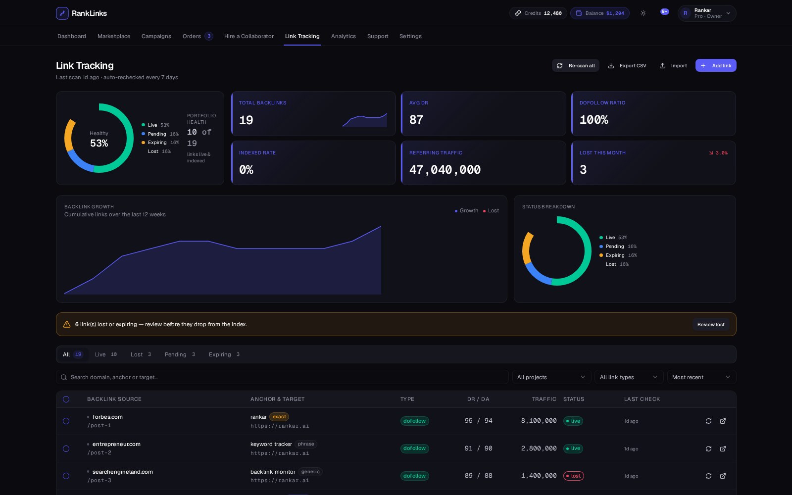 RankLinks link tracking dashboard with health gauge, growth chart and status table