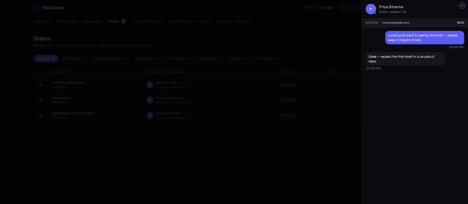 RankLinks order list with a publisher chat drawer open