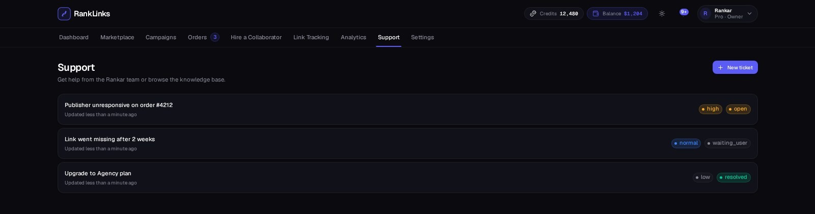 RankLinks support and dispute tickets with priorities and statuses
